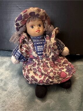 GANZ Floral Cloth Doll in Pink and Purple with Blue Check Blouse